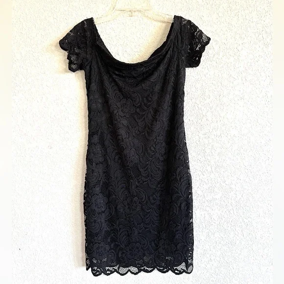 Ambiance Black Lace Scalloped Off Shoulder Stretch Dress